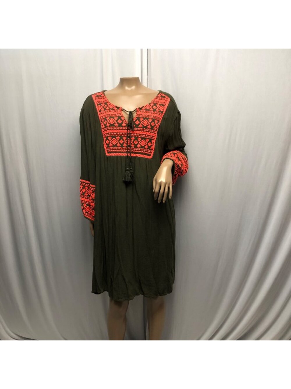 ANA Olive Green Embroidered Tunic Dress Womens Size XL Embroidered Tassel NEW
